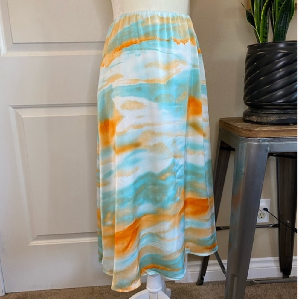 WD.NY Watercolor Blue Orange Tie Dye Satin Midi Skirt